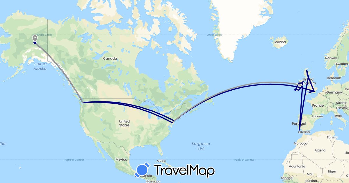 TravelMap itinerary: driving, plane in United Kingdom, Ireland, Portugal, United States (Europe, North America)